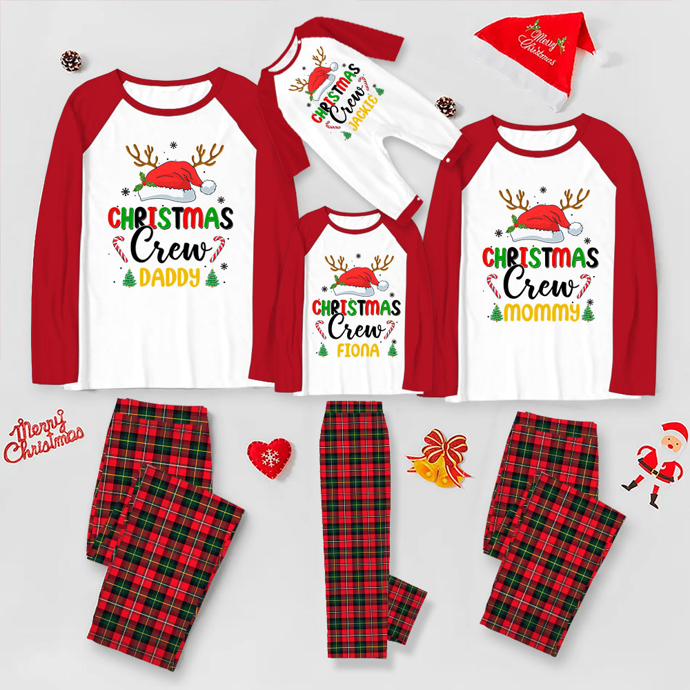 Personalized Christmas Crew Pajamas Matching Family With Name, featuring red and white tops with festive names and plaid pants, alongside a Santa hat and Christmas decorations.