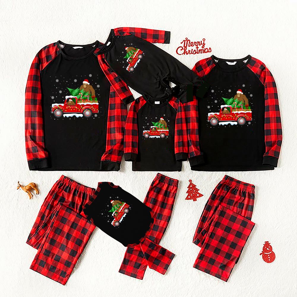 Unique Bigfoot Santa On Truck Christmas Pjs Sets Black Red - variant image 1