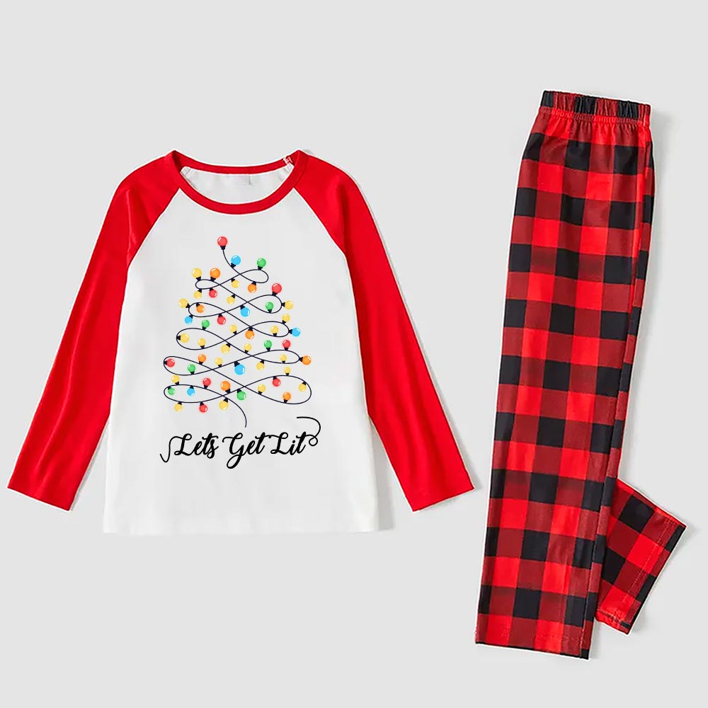 Festive Lets Get Lit Christmas PJs Family With Xmas Tree Buffalo Plaid