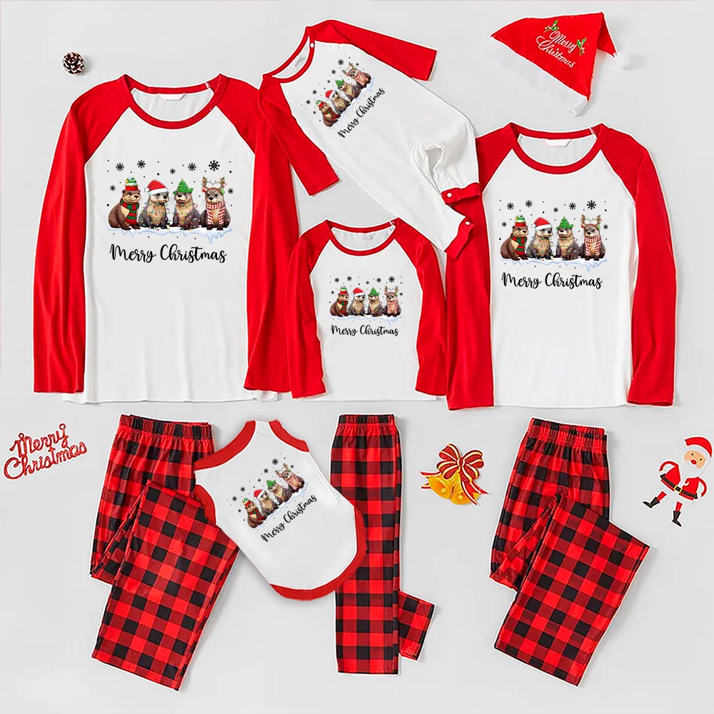 Festive Otters Christmas Pj For Family Red White Plaid