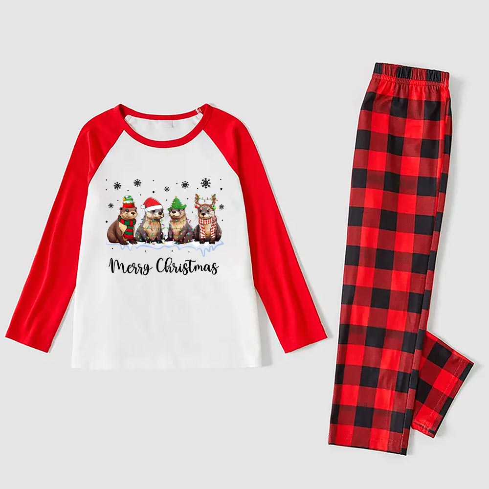 Festive Otters Christmas Pj For Family Red White Plaid