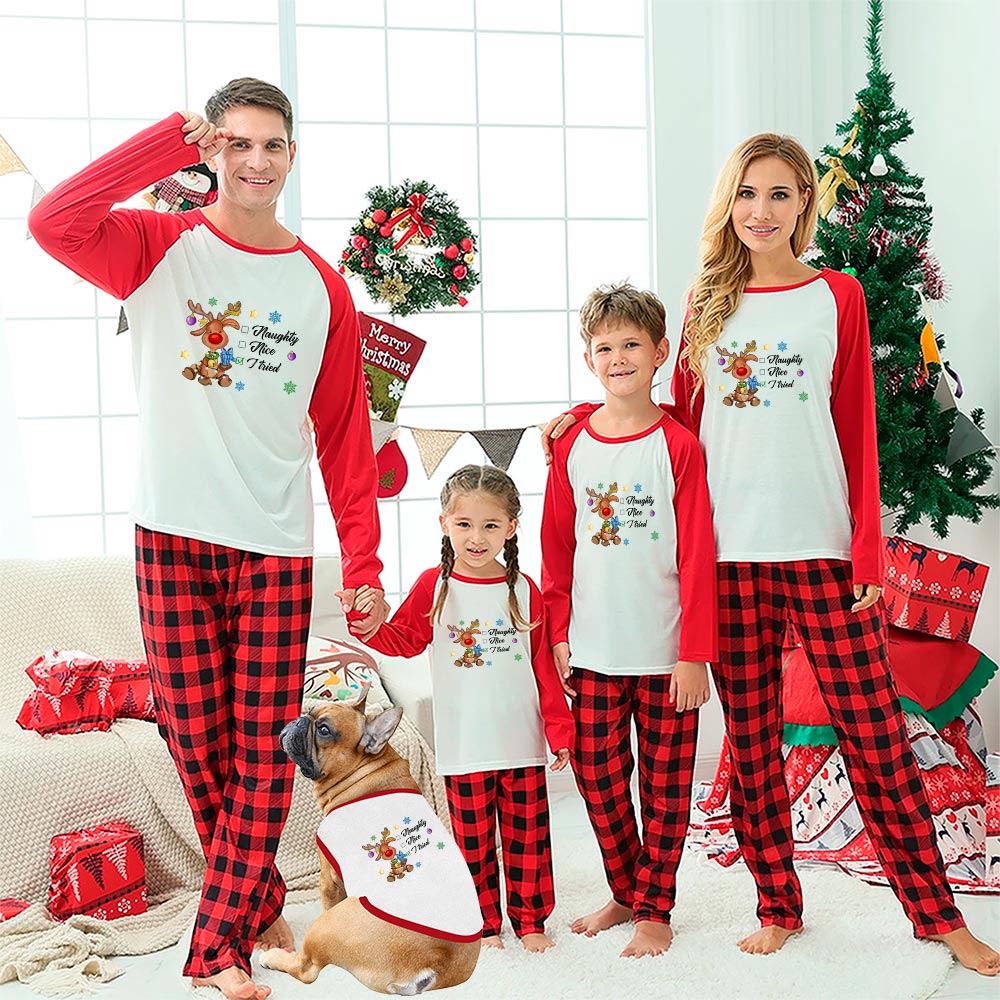 Reindeer Owner And Dog Pajamas Nice Or Naughty Red White - variant image 1