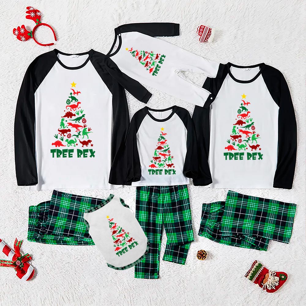 Dinosaur Tree Christmas Pajama Sets Green And White