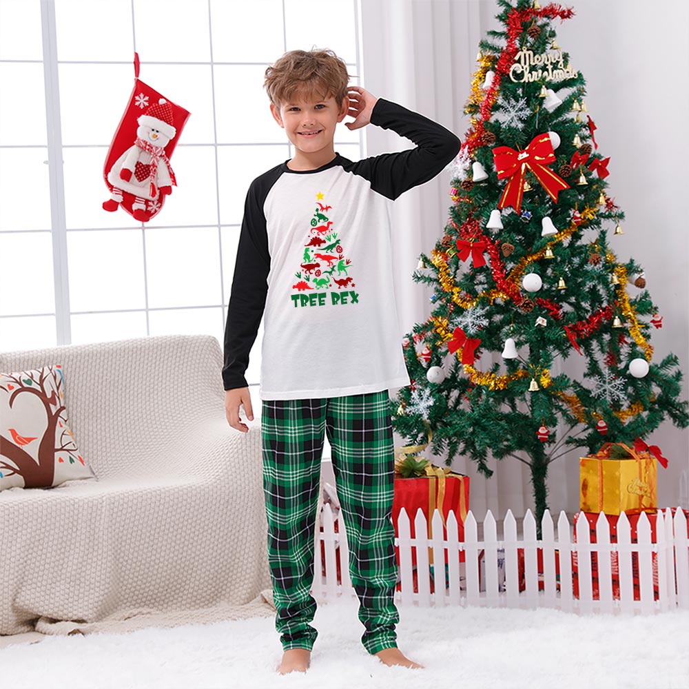 Dinosaur Tree Christmas Pajama Sets Green And White