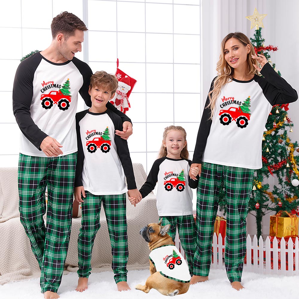 Red Truck With Xmas Tree Christmas Matching Pajamas Green