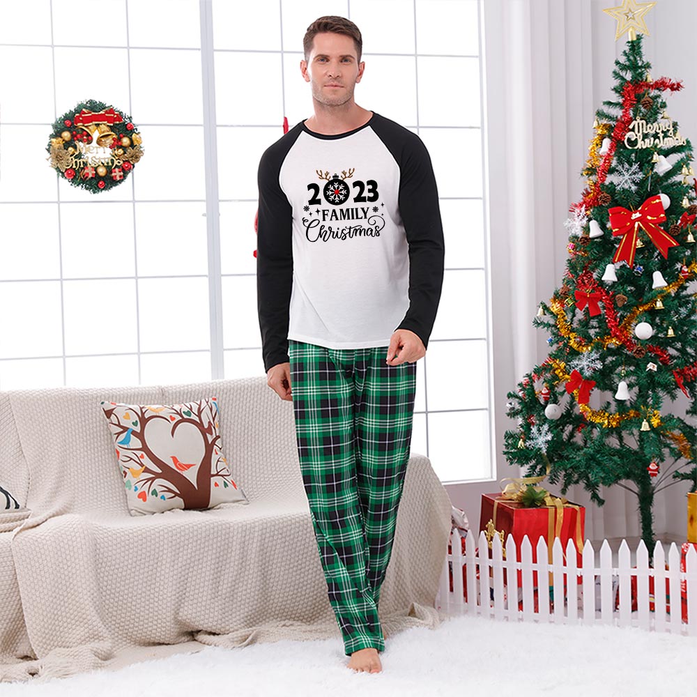 2023 Reindeer Family Pjs Christmas Green Plaid