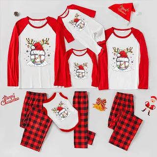 Cute Reindeer Baseball Christmas Family Pajamas Red Plaid
