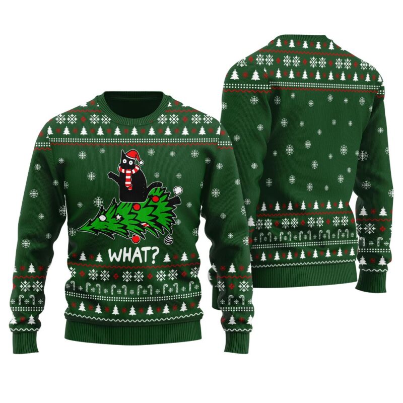 Black Cat Men's Ugly Sweaters For Christmas Forest Green