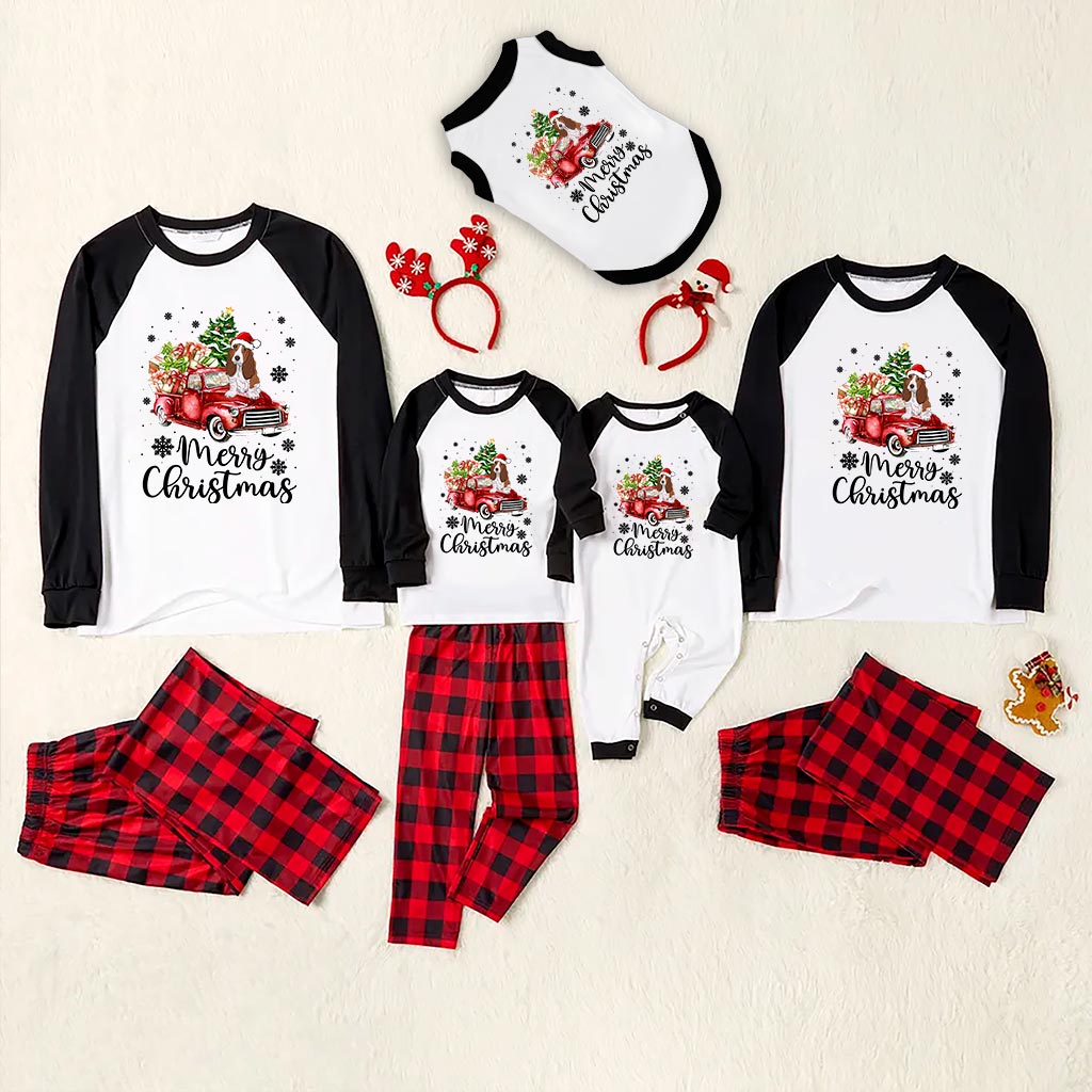 Basset Hound Matching Christmas Pajamas With Dog
