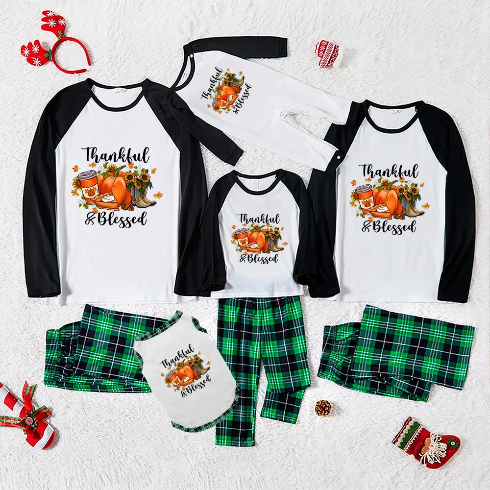 Pumpkin Thanksgiving Family Pjs Thankful And Blessed Green Plaid - variant image 1