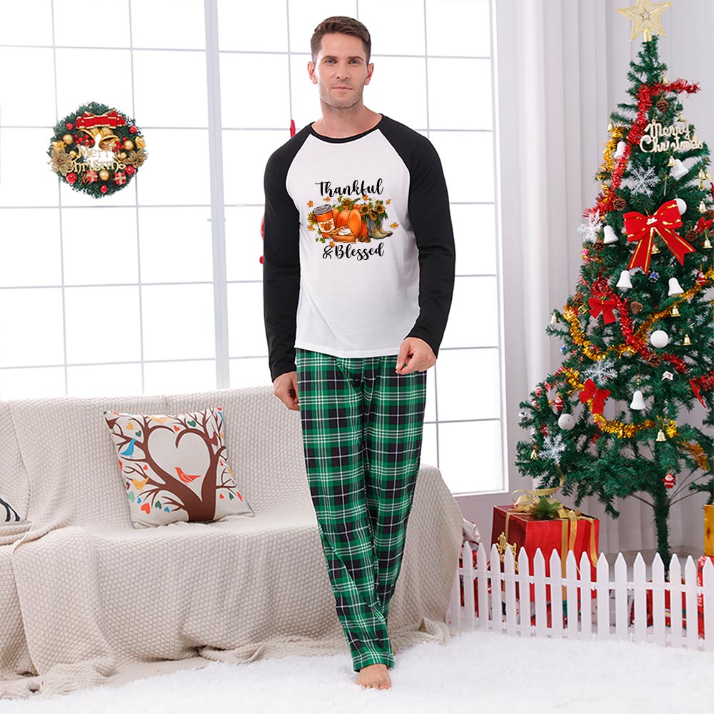 Pumpkin Thanksgiving Family Pjs Thankful And Blessed Green Plaid