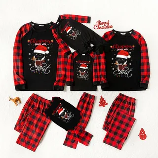 Matching Family Xmas Pjs Black Cat Wearing Red Hat Festive