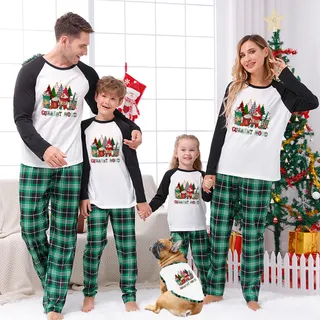 Coffee And Christmas Tree Family Pajama Sets Green Plaid