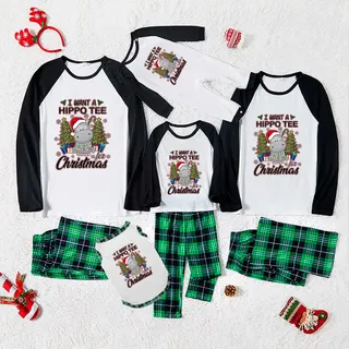 Unique Hippo Tee Matching Christmas PJs Green And White