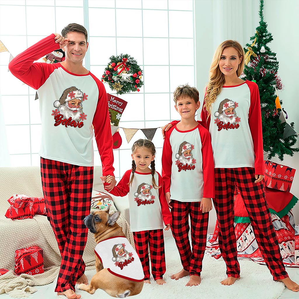 Believe Family Matching Santa Christmas Pjs With Leopard Hat Red - variant image 1