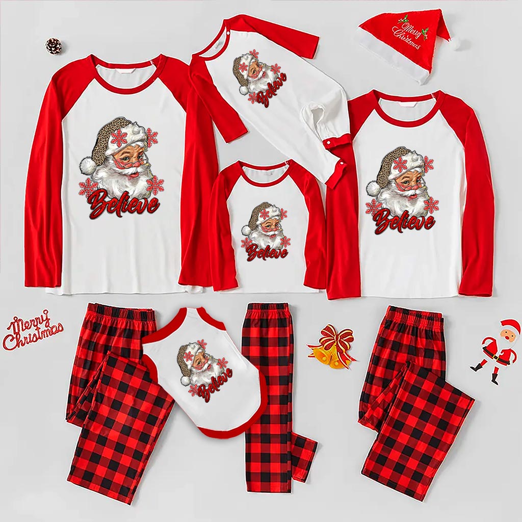 Believe Family Matching Santa Christmas Pjs With Leopard Hat Red