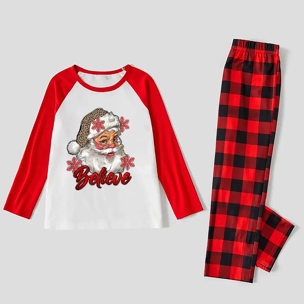 Believe Family Matching Santa Christmas Pjs With Leopard Hat Red