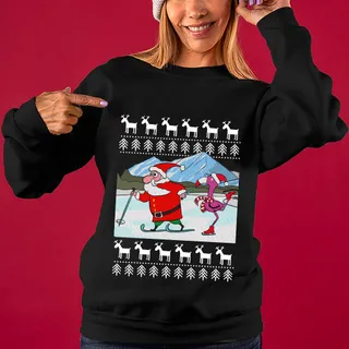 Funny Santa And Flamingo Skating Ugly Christmas Sweater For Women