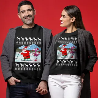 Funny Santa And Flamingo Skating Ugly Christmas Sweater For Couples