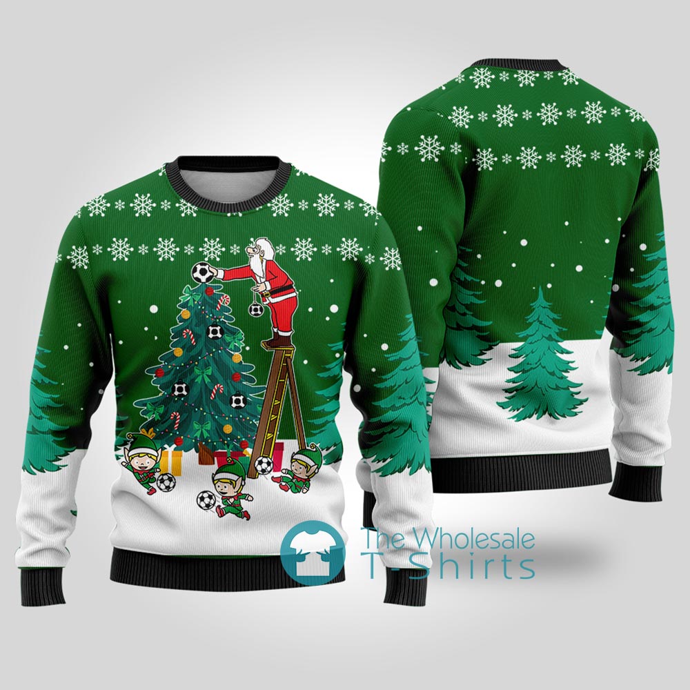 Santa Decorates Soccer Ball Ugly Christmas Sweater Forest Green - variant image 1