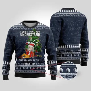 Funny Science Isaac Newton Ugly Christmas Sweater Navy