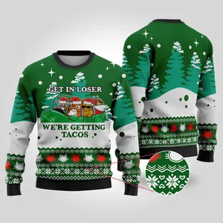 Santa Tacos Cat Christmas Sweater Forest Green