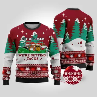 Santa Tacos Cat Christmas Sweater Cardinal Red