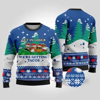 Santa Tacos Cat Christmas Sweater Royal