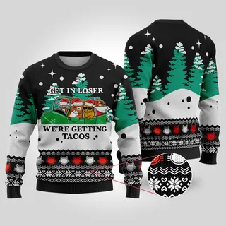 Santa Tacos Cat Christmas Sweater Black