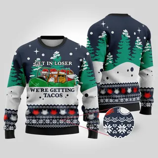 Santa Tacos Cat Christmas Sweater Navy