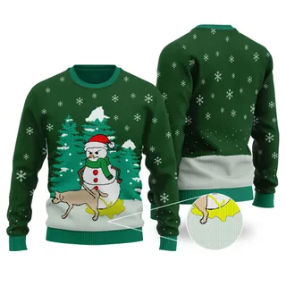 Funny Ugly Snowman Christmas Sweater Forest Green