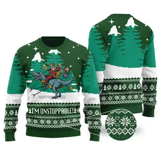 Funny Santa T-Rex Forest Green Ugly Christmas Sweater