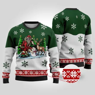 Funny Santa Skateboard Christmas Sweater Forest Green